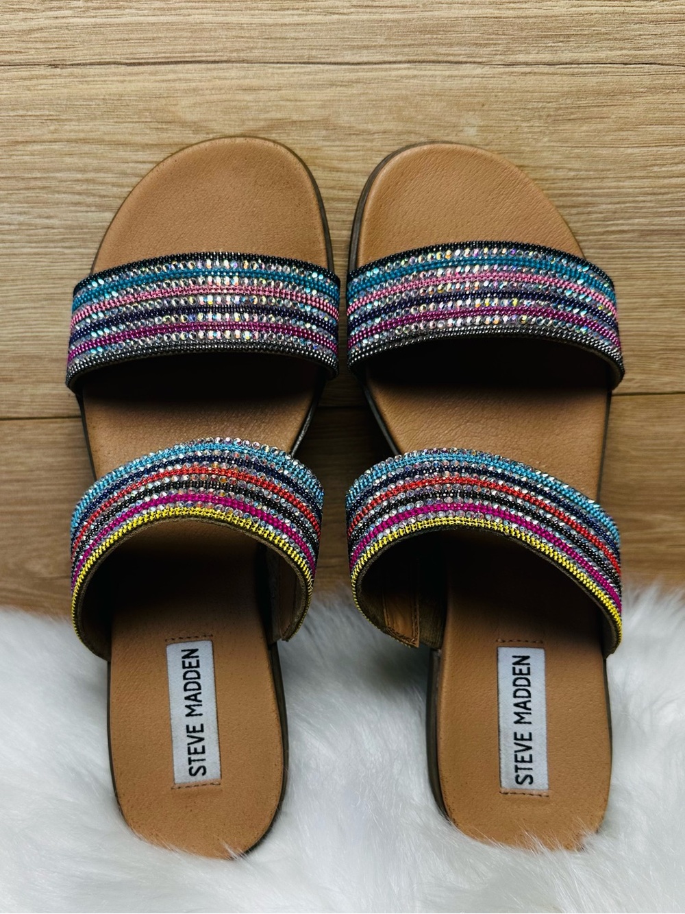 Steve Madden Multicolor Beaded Slide Sandals - Tan Footbed